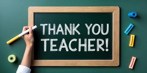 A hand writes an appreciative message for educators on the chalkboard with colorful chalk
