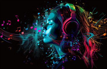 Artistically depicted music notes stream from headphones, intertwining with a woman's flowing hair.