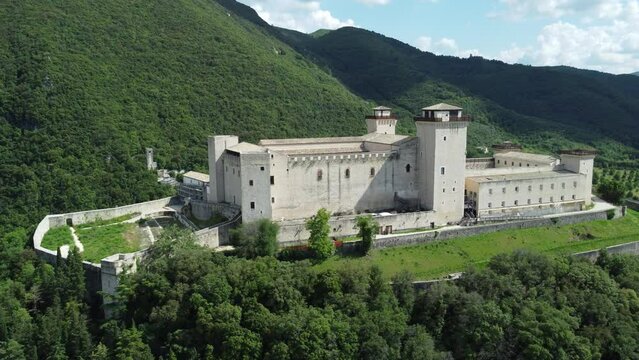 4K aerial footage of the Rocca Albornoziana in Spoleto, which is is a city in Umbria, Italy