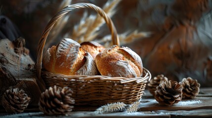 Baking Fresh Bread in Basket on Wooden Background in a Still Life Arrangement