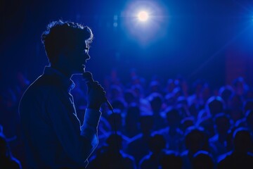Silhouette of a person speaking on stage with a microphone, facing a large audience under dramatic blue lighting. Conceptual image of public speaking and performance. Generative AI