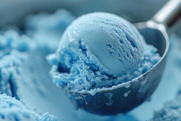 Close-up of a scoop of blue bubble gum flavored ice cream in a metal scoop.