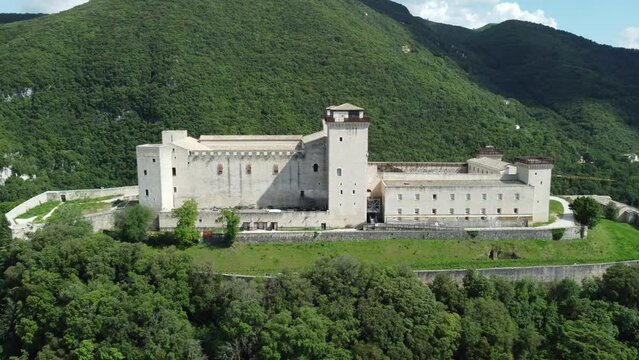 4K aerial footage of the Rocca Albornoziana in Spoleto, which is is a city in Umbria, Italy