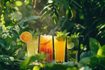 A vibrant array of summer drinks beautifully arranged on a garden table surrounded by green foliage