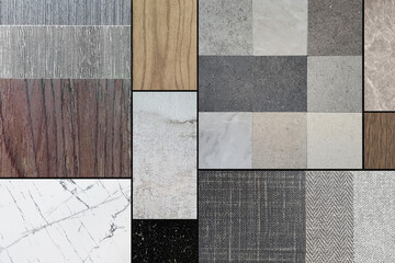 combination of interior material samples for mood board consists wooden veneers, stone ceramic...