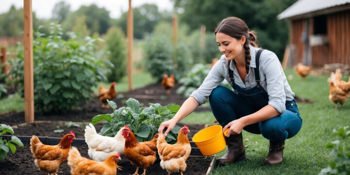 Cheerful young woman feeding poultry in a backyard setting, with lush greenery