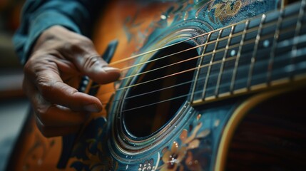 Fototapeta premium Close-up of a Hand Playing an Ornate Acoustic Guitar