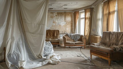 Empty Room Covered in Dust Sheets, Furniture Ready for Move Out - Interior Decluttering Concept
