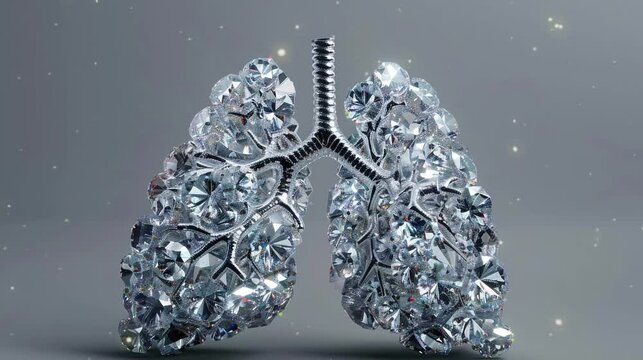 Video of lungs made of sparkling and shining diamonds with grey background. 