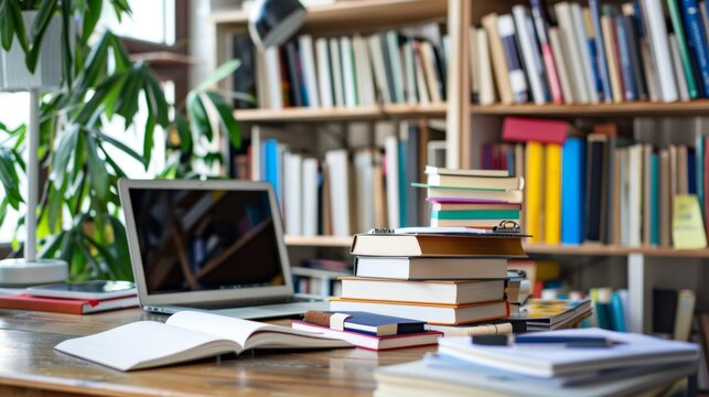 Entrepreneurial Workspace: Laptop, Notepad, and Books for Business Research and Learning