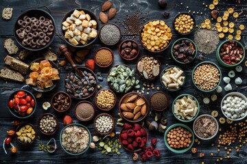 Top view of diverse selection of nutritious snacks spread out on table for healthy choices