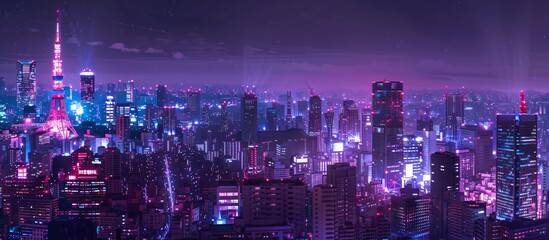 Tokyo City by Night, Anime and Manga drawing illustration, city ​​views, magenta, purple, neon