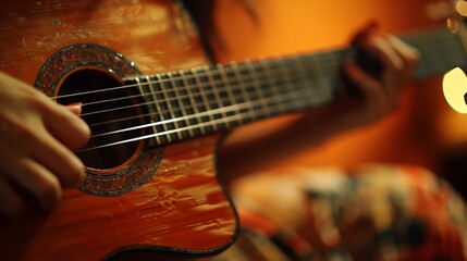 Fototapeta premium Close-Up of a Guitarist's Hand Playing a Acoustic Guitar
