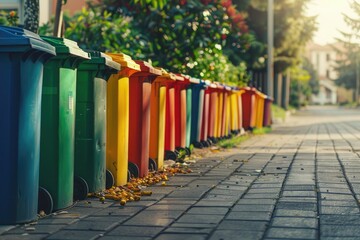 A row of colorful recycling bins on a paved suburban street, promoting environmental cleanliness.