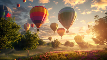 Fototapeta premium Colorful Hot Air Balloons Soaring Over a Misty Field with Sunbeams - Illustration