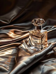 Perfume Bottle On Luxurious Fabric with soft lighting highlighting the elegant glass design and rich textures.