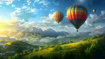 Obraz premium Illustration of Hot Air Balloons Flying Over Lush Green Mountains with a Blue Sky and White Clouds