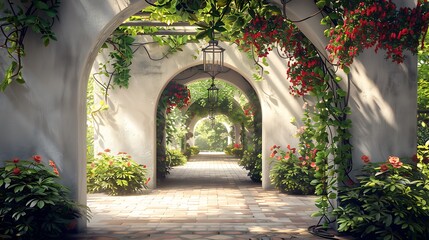 Fototapeta premium Arches supporting a garden walkway hanging a lamp on the wall very detailed and realistic shape