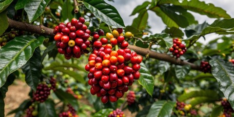 Obraz premium Vibrant cluster of coffee berries growing on a tree with rich green leaves in a natural setting