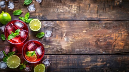 Refreshing summer beverages with lime and mint on rustic wooden background