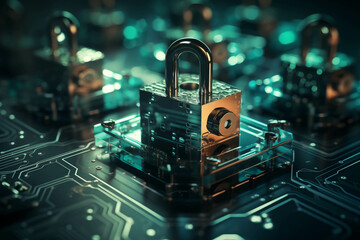 Futuristic Lock Symbolizing Cybersecurity on an Advanced Electronic Circuit