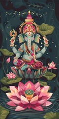 Obraz premium flat design illustration of ganesha statue in a lotus flower