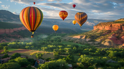 Obraz premium Colorful Hot Air Balloons Soaring Over a Mountain Valley Landscape Photo