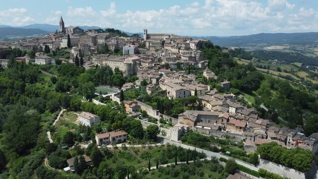 4K aerial footage of the hilltop town of Todi, in Umbria, central Italy