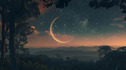 Crescent Moon Over the Forest