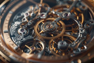 Close-up of the detailed mechanics inside a luxury watch, showcasing precision and complexity.