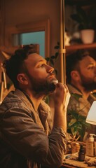 Man Applying Beard Balm in Cozy Home with Warm Lighting - Perfect for Grooming, Skincare, & Lifestyle Concepts