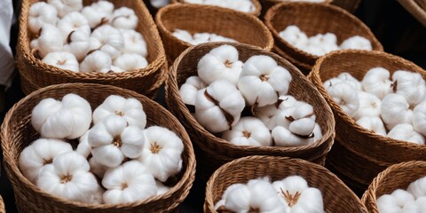 Fototapeta premium Wicker baskets filled with white cotton bolls, showcasing the natural state of the cotton before processing