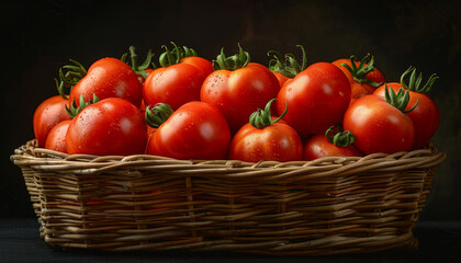 a basket of tomatoes on dark background