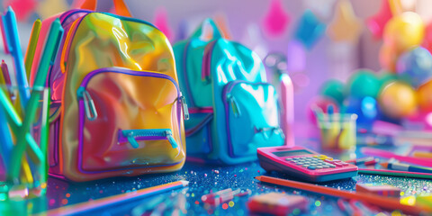 shiny background of shiny colors and abstract patterns with school supplies such as backpacks, calculators and rulers, back to school.