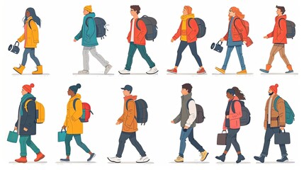 Fototapeta premium Set of walking people. Diverse pedestrians walk, tourist with camera, businessman, teenager, student or schoolgirl, courier passerby characters, young men and women, Line art flat vector illustration