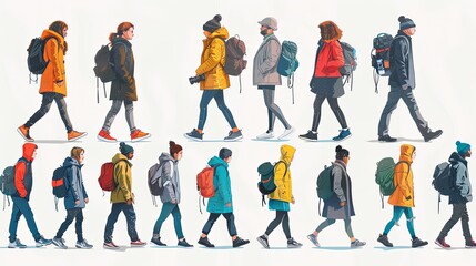 Set of walking people. Diverse pedestrians walk, tourist with camera, businessman, teenager, student or schoolgirl, courier passerby characters, young men and women, Line art flat vector illustration