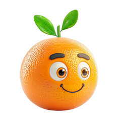 Cartoon orange with big eyes, smiling face, and green leaves on top. Cute, cheerful isolated on transparency background, PNG cut out, and vibrant illustration for children's content.