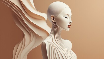 A mannequin like white female close up isolated on orange background with copy space