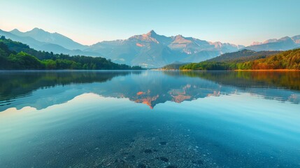 Naklejka premium Serene Mountain Lake at Sunrise with Mirror Reflection and Vivid Colors in the Sky