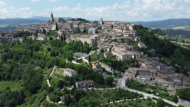 4K aerial footage of the hilltop town of Todi, in Umbria, central Italy