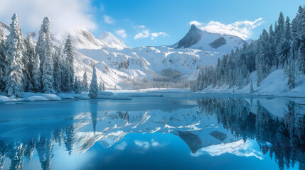 Frozen lake reflecting snowy mountains and evergreen forest