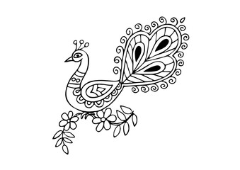 Vector illustration of a peacock design, handrawn, tattoo design, sketch