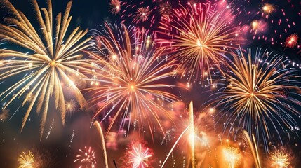 Fototapeta premium Fireworks Display: A breathtaking view of a fireworks display over a famous UAS landmark at night. The sky is filled with colorful fireworks.