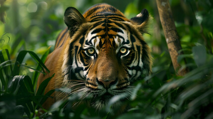 Close-Up of a Tiger's Face Hidden in Foliage - Realistic Image