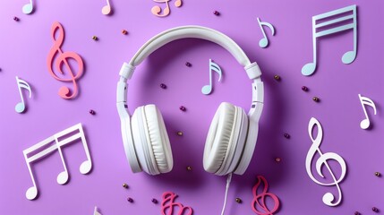 Vibrant Headphones with Colorful Musical Notes on Purple Background