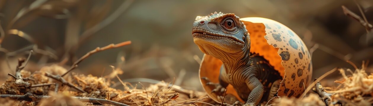 Baby dinosaur hatching from egg, curious expression, prehistoric scene