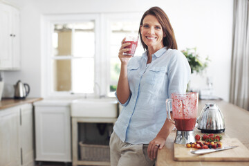 Blender, portrait and woman with fruit for breakfast, healthy food, vegan diet and nutrition in...