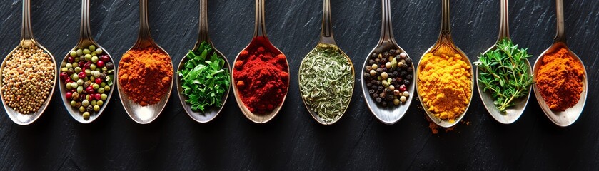 Colorful spices arranged in spoons on a dark slate surface, vibrant and aromatic