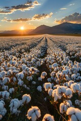 Obraz premium Cotton field with distant mountains under a blue sky, golden hour light, serene and vast