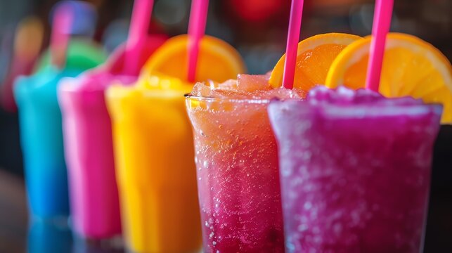 Colorful slushie drinks in a row, vibrant lighting, shallow depth of field